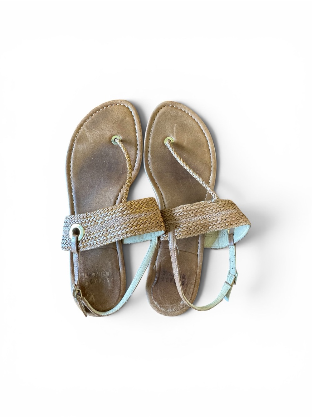 Stuart Weitzman Braided Thong Sandal Sz 7.5 Tan Woven Ankle Strap Flat